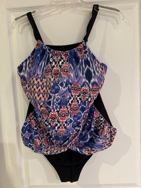 Blue & Black Patterned One-Piece Swimsuit